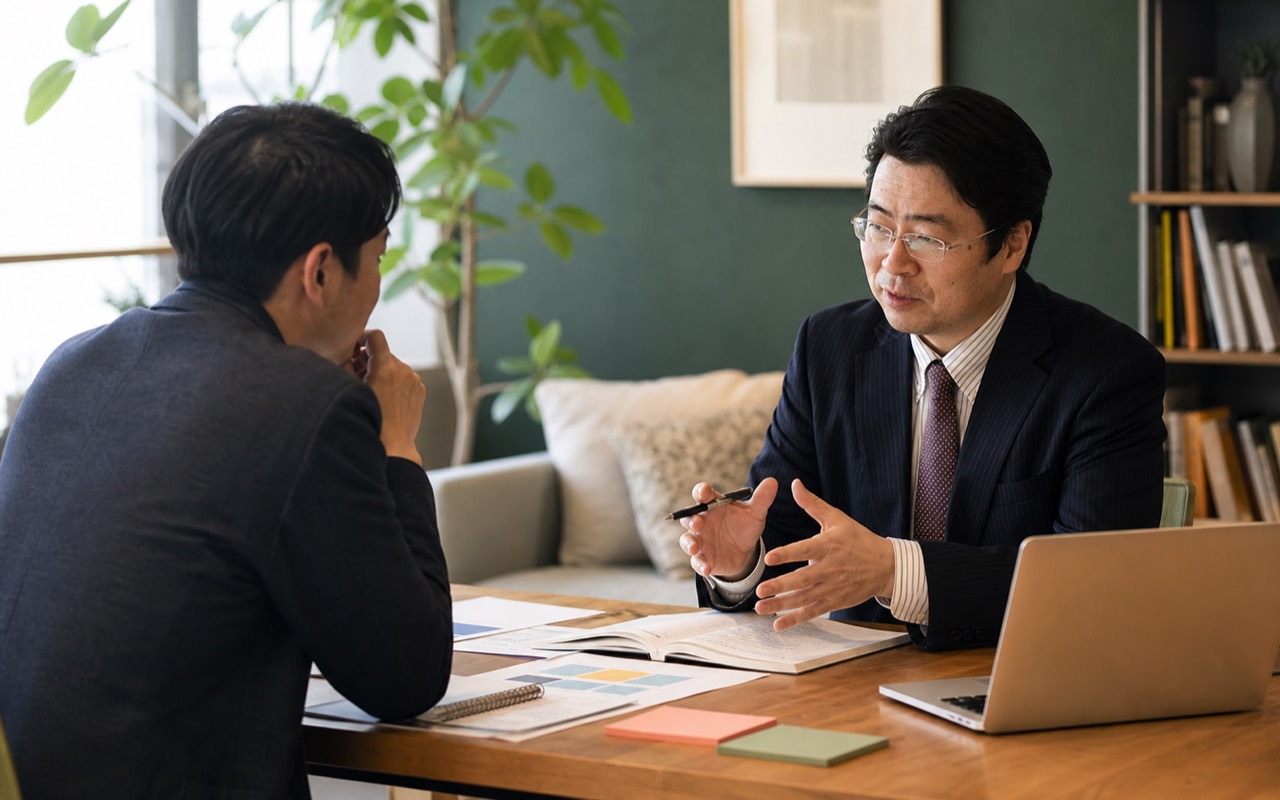 社長が伴走者に相談し、事業や業務の悩みを整理している様子