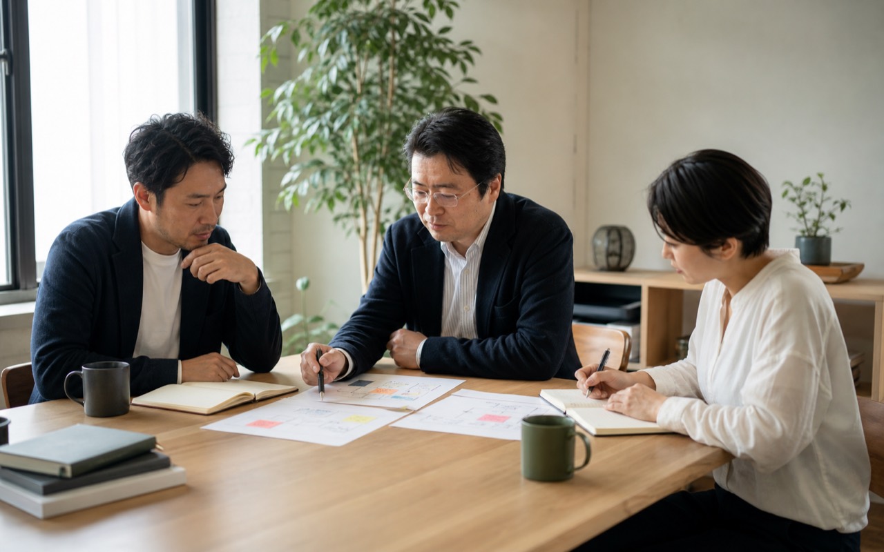 社長と伴走者が資料を広げ、会社の方向性を整理している様子